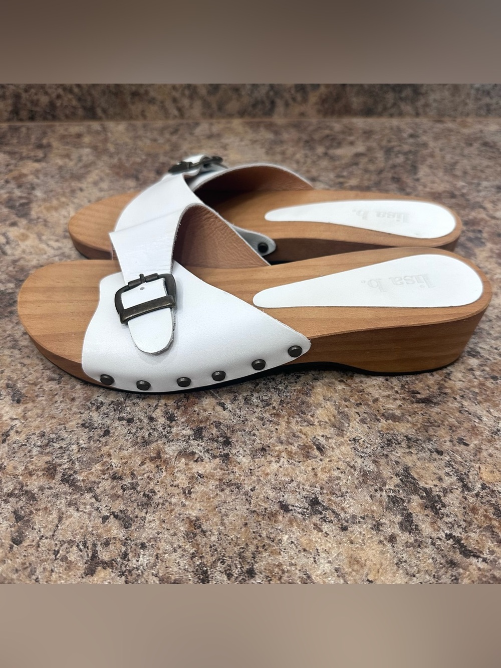 Lisa B. Women’s White Leather Studded Wood Sandals Buckle Size 36/6 From Spain